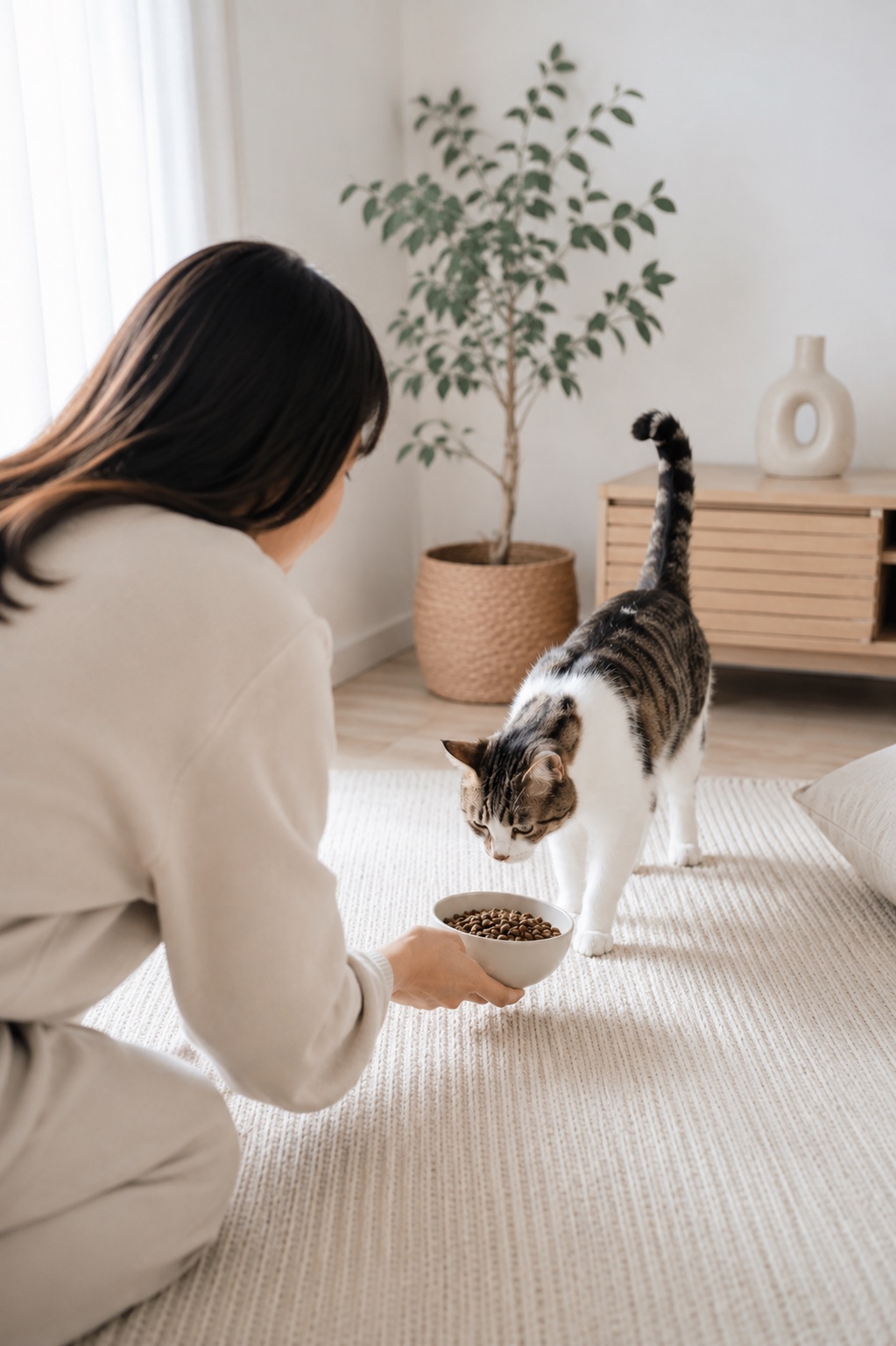A cat approaching a bowl of food held out at home