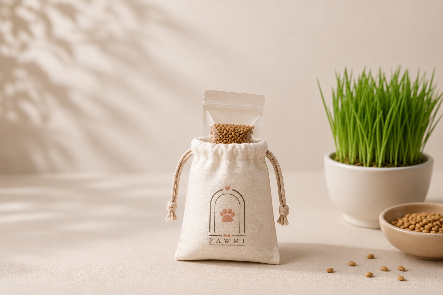 The Pawmi welcome pouch with organic cat-grass seeds and a pot of fresh cat grass